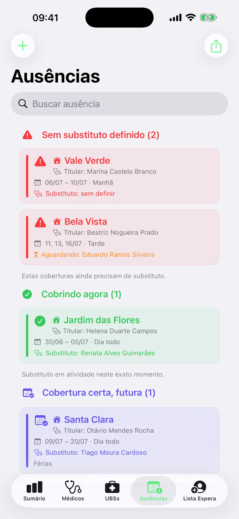 PSF Connect: ausências com substitutos por período