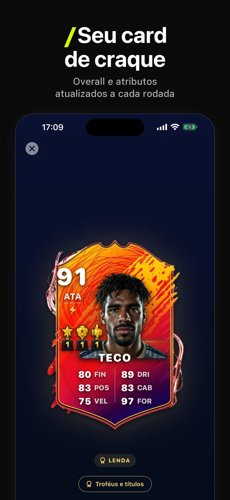 Racha FC: card de craque com overall e atributos